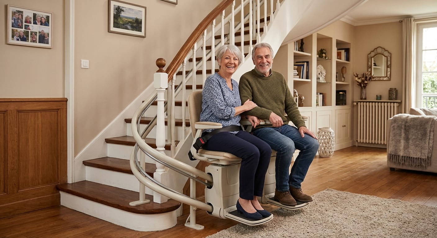 Un couple de seniors souriants assis confortablement sur un monte escalier intérieur moderne et sécurisé dans une maison chaleureuse